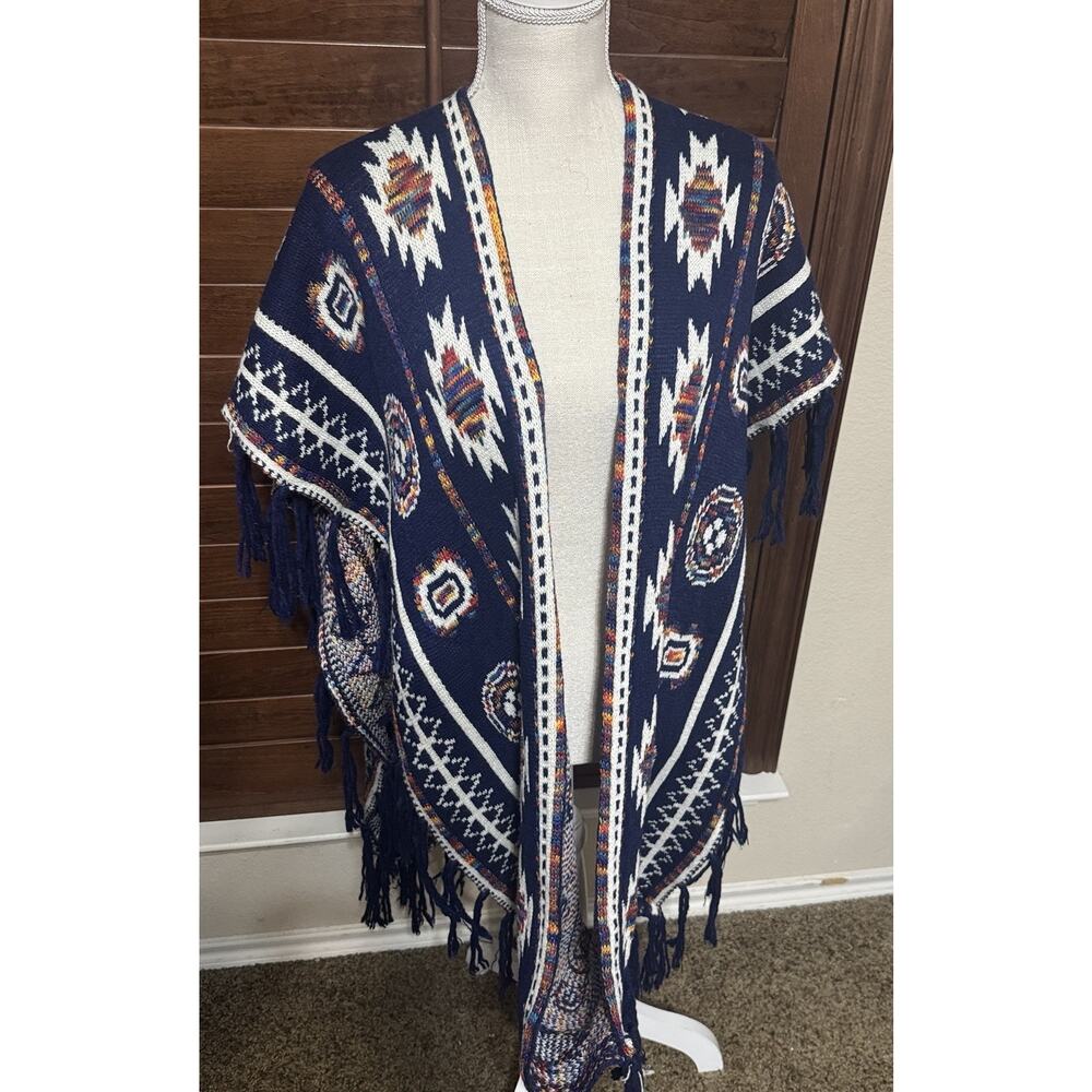 Hipster Row Tribal Aztec‎ Sleeveless Poncho OS Navy Blue Southwest Sweater Boho
